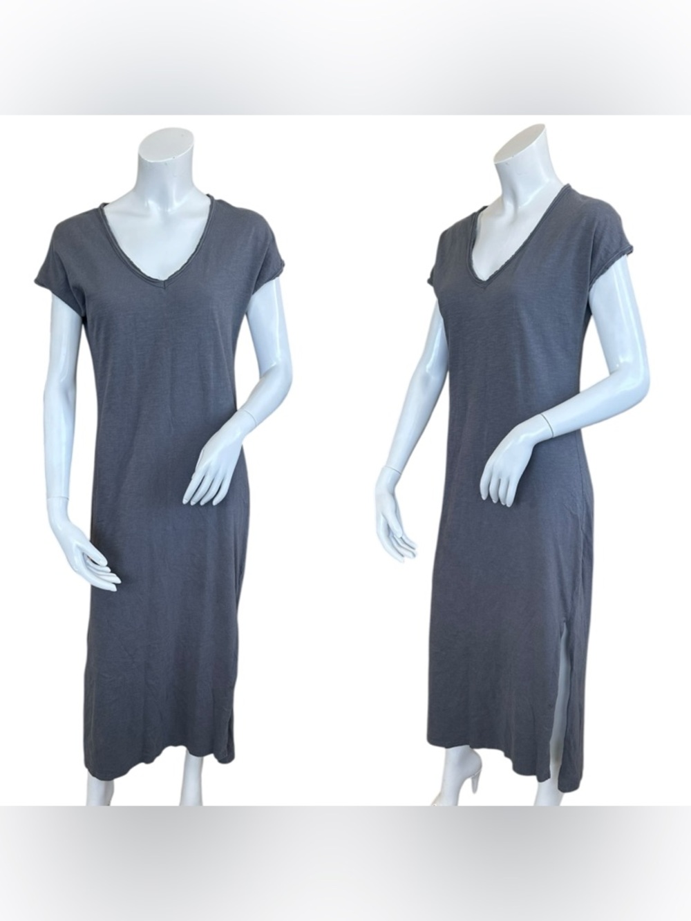 Pact Gray V-Neck Organic Cotton Midi T-Shirt Dress Side Slits Size Small